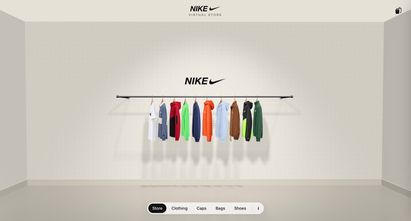 The Nike Virtual Store: a 3D room with garments hanging from a chrome rail